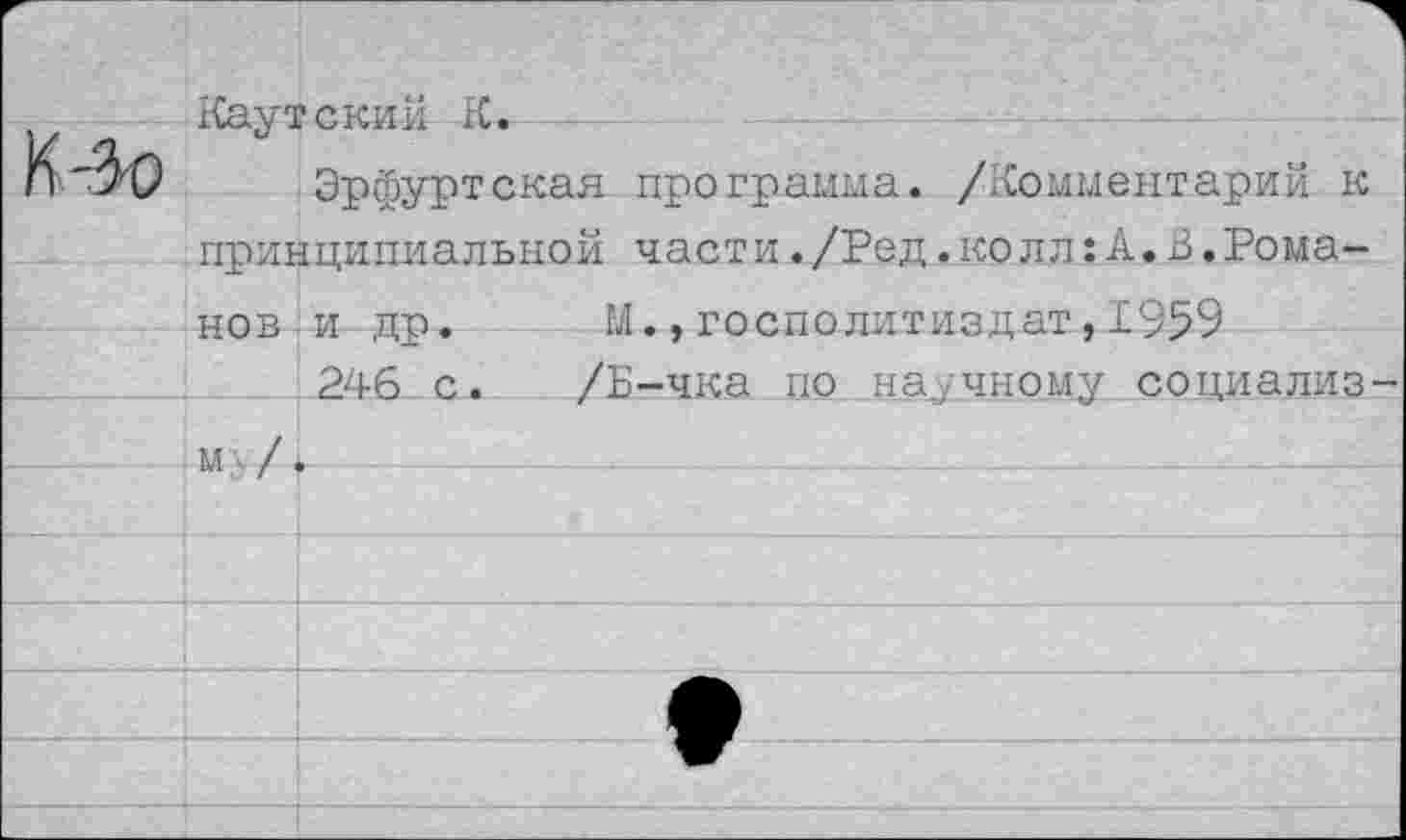 ﻿Каутский К.
Эрфуртская программа. /Комментарий к принципиальной части./Ред.колл:А.В.Романов и др. М.,госполитиздат,1959
246 с. /Б-чка по научному социализ м /.